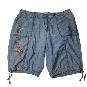 St Johns Bay Womens 18W Embroidered Denim Shorts Floral Embroidery Cottage Boho